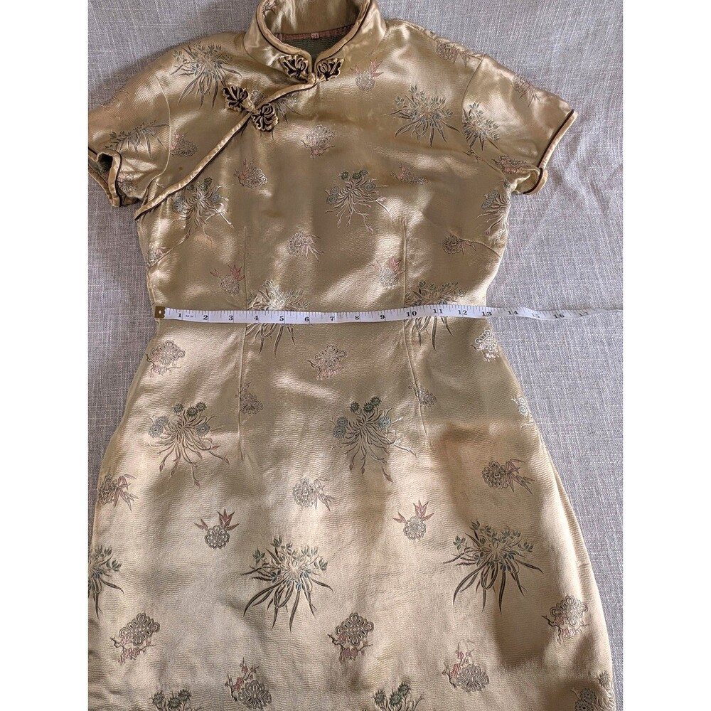 Vintage Silk Jacquard Qipao Cheongsam Dress Champagne Gold Chinese Dress Elegant - Picture 8 of 13